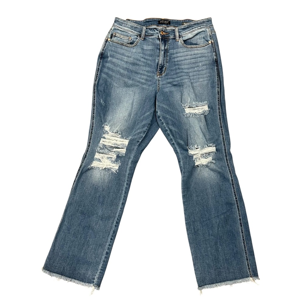 Judy Blue Women 16W Boot Cut Distressed Raw‎ Hem High Rise Blue Jeans